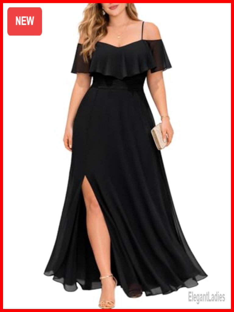 Plus Size Off The Shoulder Formal Bridesmaid Dress With Ruffled Neckline